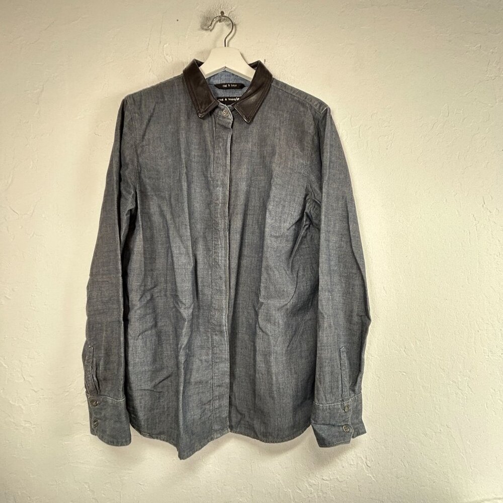 Rag & Bone Jean Womens Button Up Denim Shirt Top Large with Leather Collar Blue